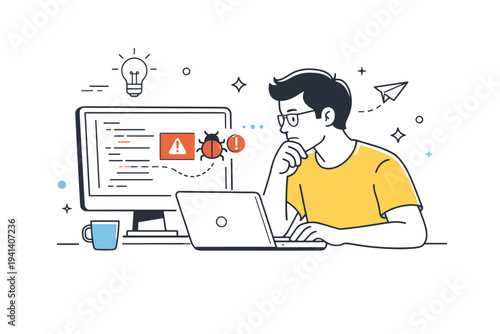 Software bug. A developer looking at a screen with a small bug icon highlighting an error, focused problem solving and quiet concentration. Minimalist flat