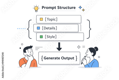 Prompt structure system. Stacked cards, brackets, and arrows forming a simple framework, representing organized prompt design. The mood is thoughtful, precise,