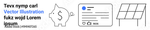 Finance, renewable energy, social media, sustainability, online communication, energy efficiency. Piggy bank with dollar sign, social media card solar panel design. Finance and renewable energy