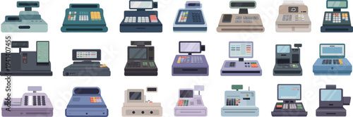 Cash register machines collection with modern POS systems, retail checkout devices, payment terminals and shop cashier equipment vector illustration set