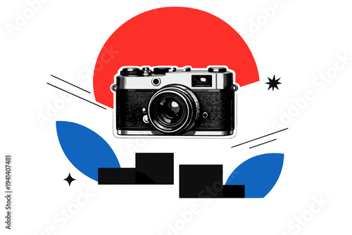 Black and white retro camera floating centrally as isolated cut-out, large cropped red circle dominating upper background, abstract blue semi-circles and black