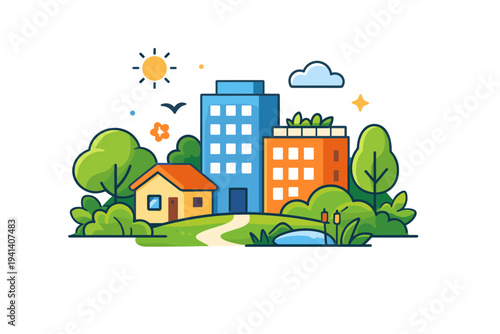 Urban nature integration shown by buildings surrounded by trees and plants, suggesting healthier environments and improved quality of life. The illustration