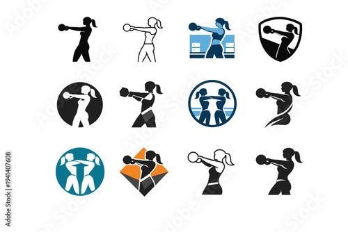 A woman doing strength training with kettlebells in a modern gym. Icon set. Set Logo of a woman doing strength training with kettlebells in a modern gym: