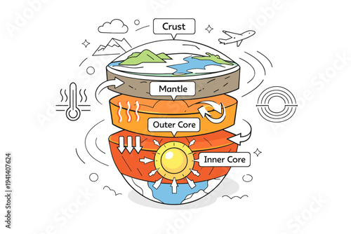 Earth Science. Layered Earth cross-section with visible crust, mantle, and core, abstract arrows showing inner processes. Calm educational mood with floating