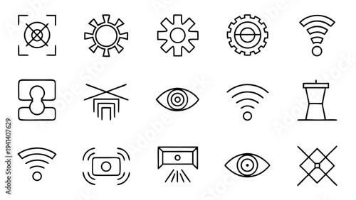 Thirty minimalist white line icons depicting electronic sensors like thermometers and motion detectors are neatly aligned on a pitch black backdrop.