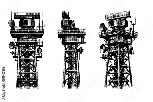 Airport control tower radar mast with antenna arrays and support structure, illustrated as a single realistic radar mast shown in three views including