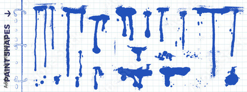 Blue paint spray, splodge and drip set on grid paper background with ink stains. School splotch spray with dirty blobs, runny streaks and dot element. Distressed vector set for art journal stationery.