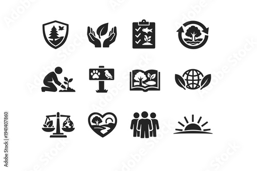 Conservation Awareness. Solid icon set of Conservation Awareness: protect nature shield, hands holding leaf, biodiversity checklist, restore habitat arrows,