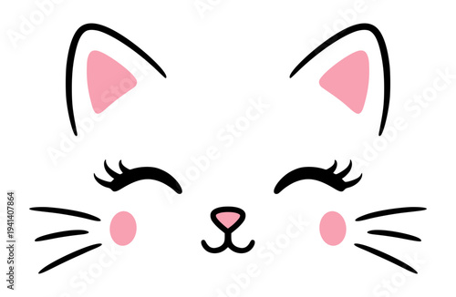 Cute Minimalist Kitten Face Illustration With Pink Ears Cheeks And Long Eyelashes For Kids And Baby Girls Nursery Decor