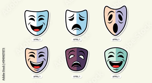 Collection of six colorful comedy and tragedy masks with various emotions on a plain background