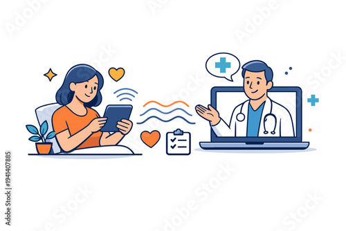 Telemedicine consultation expressed by a calm patient and doctor connected through devices with subtle signal waves, highlighting continuity of care and