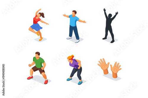 Body expression. Isometric flat vector icons set of body expression: emotional dance pose, open chest posture, reaching arms silhouette, grounded stance,
