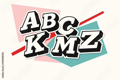 Black and white chunky retro-style alphabet letters slightly tilted and overlapping, soft pastel pink and teal geometric panels anchoring the background