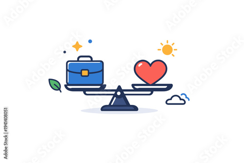 Work life balance harmony a balanced scale holding a briefcase on one side and a heart on the other, surrounded by small calming decorative elements. A