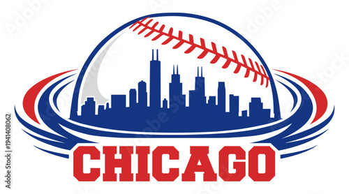 Chicago City Skyline Inside A Baseball With Red Stitches And Dynamic Swoosh For Sports Fans And Team Apparel Design