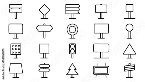 Thirty white outline icons of different signage styles including street poles and hanging boards displayed in a grid on a solid black background.