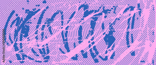 Pixel halftone pink and blue paint brush textured background. Urban street wall with blue dynamic lines graffiti or pen with noise for girly punk design. Vector abstract background grain texture.