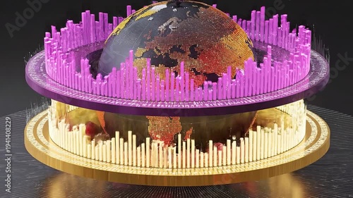 Intricate animated sphere surrounded by vibrant layers of purple, orange, and gold creating a mesmerizing visual effect