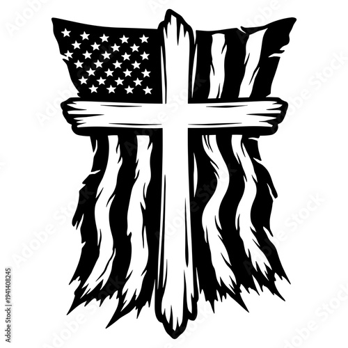 Christian Cross With Distressed American USA Flag, Religious Patriotism Design, Faith And Country Silhouette, Grungy Patriotic Symbol