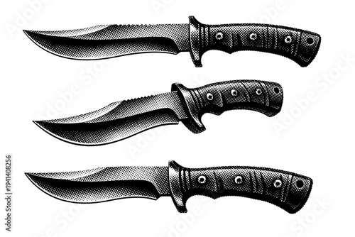 Hunting knife displayed as one object in three positions: full side view, three-quarter angle, and reversed orientation, highlighting the curved blade and