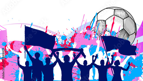Football fans silhouettes banner with flags and colorful splatter paint background, soccer supporters celebrating victory. Vector illustration