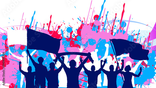 Football fans silhouettes banner with flags and colorful splatter paint background, soccer supporters celebrating victory. Vector illustration