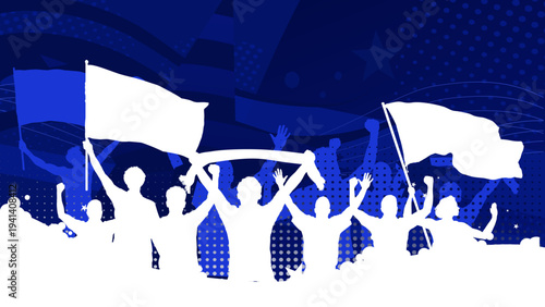 Football fans silhouettes banner with flags and blue halftone background, soccer supporters cheering and celebrating victory. Vector illustration