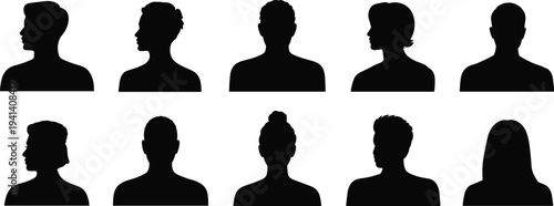 Collection of male and female head silhouette profiles, diverse people side and back view portraits, human face shadow icons set, vector illustration
