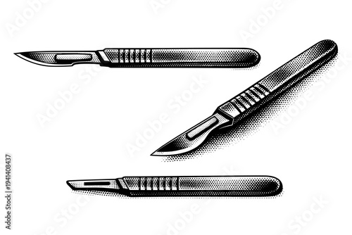 Medical scalpel depicted as one object in three positions: side view with blade attached, angled three-quarter perspective, and handle-only view without blade,