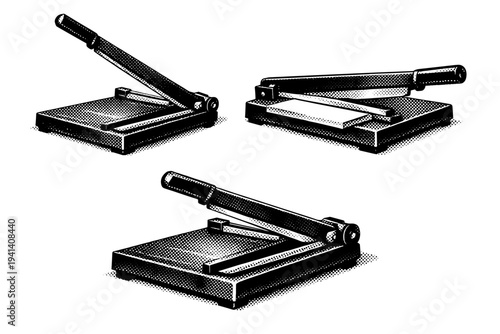 Paper guillotine cutter illustrated as one object shown in three views: raised blade position, lowered cutting position, and angled perspective, emphasizing