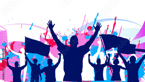 Football fans silhouettes banner with flags and colorful splatter paint background, soccer supporters celebrating victory. Vector illustration