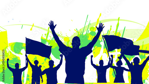 Football fans silhouettes banner with flags and splatter paint background, soccer supporters celebrating victory. Vector illustration