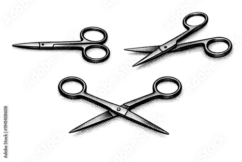 Surgical scissors depicted as one object in three positions: closed side view, partially open angled perspective, and fully open top view, focusing on the