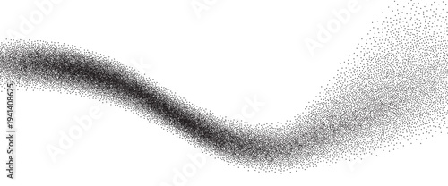 Grainy wave line on white background. Gritty noise curved gradient with dots. dusty long splash. Vector trail with stippling effect backdrop. Powder noise grain brush stroke isolated.