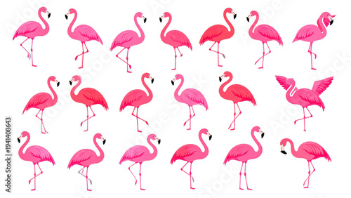 Set of pink flamingo bird stickers in various poses standing on one leg and spreading wings isolated on blue background flat vector illustration