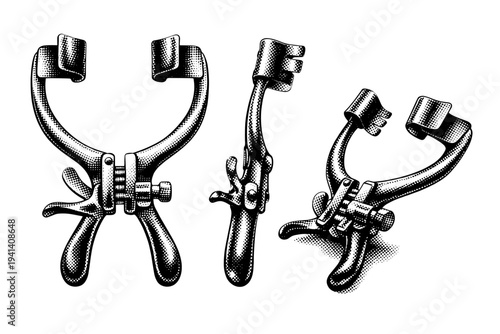 Surgical retractor illustrated as one object presented in three views: frontal view with blades spread, side profile, and angled perspective, emphasizing the