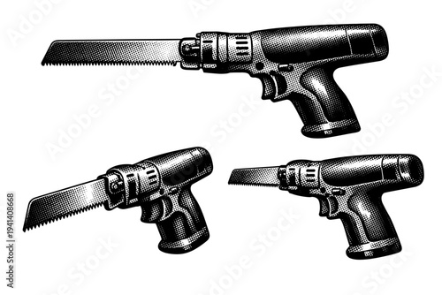 Bone saw surgical tool presented as one object displayed in three views: full side profile, angled perspective, and reverse side orientation, emphasizing the
