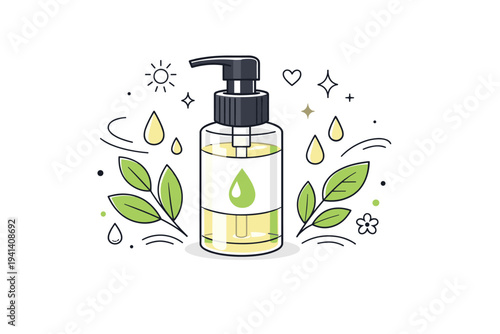 Natural hair oil pump bottle. A modern cosmetic oil bottle with a simple pump dispenser, surrounded by minimal leaves and droplets to suggest nourishment and
