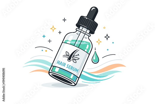 Hair repair and shine concept with serum bottle. A dropper bottle tilted slightly as a single drop falls, surrounded by tiny stars, lines, and smooth abstract