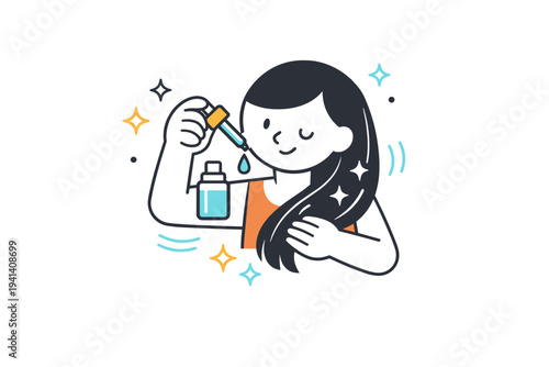 Applying hair serum concept scene. A simple geometric character gently applying drops from a serum bottle onto hair, small sparkles and smooth motion lines