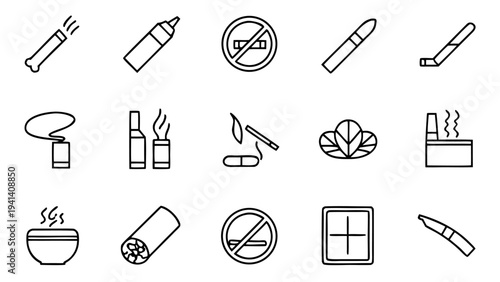 Thirty linear smoking icons are arranged in a grid on a dark surface.