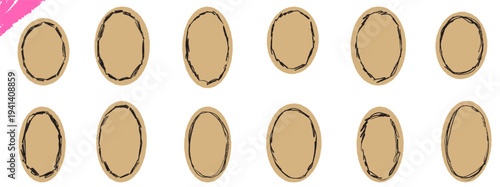 Oval frame cutout set with rough pencil border for photo and text box. Round oval frame in beige paper with scrapbook border texture. Vector set with hand drawn ellipse on craft paper.