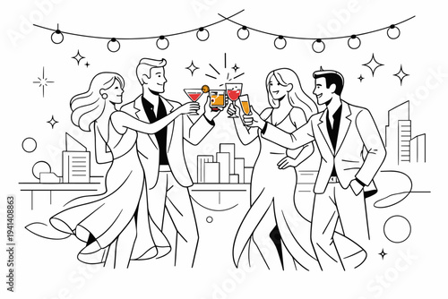 Rooftop cocktail glamour. Stylish friends clinking glasses under string lights, city skyline silhouettes behind them, long dresses and sharp summer suits