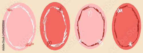 Coquette frames with rough crayon border in girly paper cutout and oval whimsical shape. Pink oval coquette frame as sticker with heart doodle and soft rose. Romantic vector cadre in cream and blush.