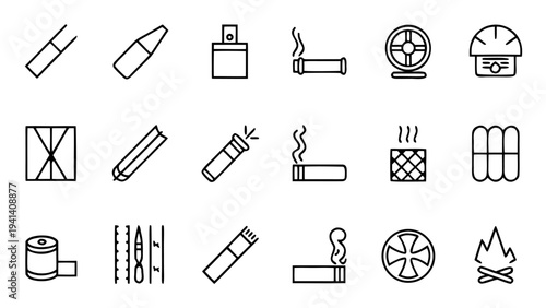 Thirty thin line smoking icons are displayed on a black background.