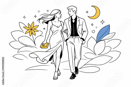 Luxury summer date night. Couple dressed in refined evening outfits walking past abstract floral shapes, subtle perfume sparkles and a crescent moon above.