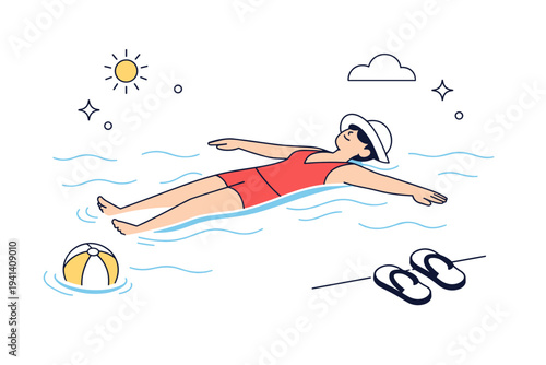 Relaxing swim on a sunny day. A person floating peacefully on their back in a clean pool, soft wave lines and minimal reflections suggesting calm water. The