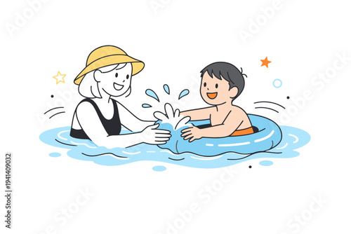 Family fun in the pool. Two simple characters playing gently in the water with small splashes and curved movement lines, friendly and cheerful interaction. The