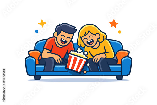 Comedy night with friends presenting a couch scene where two people lean forward laughing, popcorn slightly tilted, and cheerful star accents around the screen