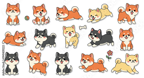 Cute Shiba Inu Dog Cartoon Collection - Playful Pups in Various Poses